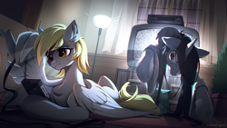 Size: 2300x1294 | Tagged: safe, artist:redchetgreen, derpy hooves, ghost, ghost pony, pegasus, pony, undead, unicorn, g4, chest fluff, clothes, duo, eyebrows, eyebrows visible through hair, hoof hold, horror, imminent death, indoors, lamp, long hair, long mane, mane physics, ponified, static, television, the ring, vhs, wing hands, wing hold, wings