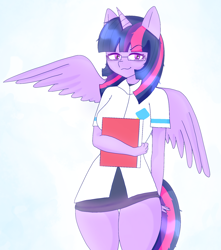 Size: 1706x1926 | Tagged: safe, anonymous artist, twilight sparkle, alicorn, anthro, g4, berdly, book, breasts, crossover, deltarune, female, glasses, no source available, parody, simple background, smiling, smirk, solo, spread wings, twilight sparkle (alicorn), white background, wings