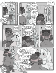 Size: 850x1100 | Tagged: safe, artist:luna_mcboss, oc, oc only, oc:althea, oc:damien, yak, anthro, unguligrade anthro, series:the woodsman and the botanist, anthro oc, bed, blushing, clothes, comic, flustered, furry, furry oc, grayscale, horns, house, indoors, massage, monochrome, partial nudity, stone, stone wall, topless, window