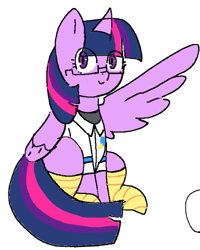 Size: 639x798 | Tagged: safe, anonymous artist, twilight sparkle, alicorn, pony, g4, aggie.io, berdly, c:, clothes, cosplay, costume, crossover, deltarune, female, glasses, looking at you, mare, no source available, simple background, sitting, smiling, socks, solo, striped socks, stylistic suck, twilight sparkle (alicorn), white background
