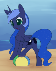 Size: 1620x2070 | Tagged: safe, artist:dusthiel, princess luna, alicorn, pony, g4, atg 2023, beach, beach ball, butt, female, mare, newbie artist training grounds, ocean, plot, solo, water