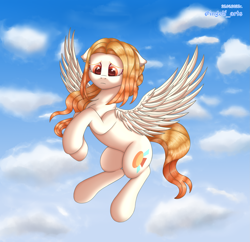 Size: 2795x2700 | Tagged: safe, artist:ingolf arts, oc, oc only, oc:face sunlight, pegasus, pony, chest fluff, cloud, ear fluff, eye reflection, female, flying, high res, looking at you, looking down, mare, reflection, sad, sky, solo, spread wings, wings