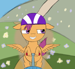 Size: 1800x1650 | Tagged: safe, artist:php176, derpibooru exclusive, scootaloo, pegasus, pony, g4, dust trails, female, filly, floppy ears, flower, foal, grin, happy, helmet, hill, looking sideways, scooter, smiling, solo, spread wings, wings