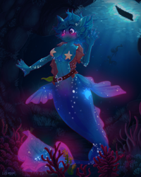 Size: 2000x2500 | Tagged: safe, artist:lionbun, oc, oc:poison trail, mermaid, merpony, anthro, bioluminescent, blushing, breasts, bubble, busty oc, clothes, commission, coral, crepuscular rays, dorsal fin, female, fin, fin wings, fins, fish tail, floppy ears, flowing mane, flowing tail, glowing, high res, mermaidized, ocean, reef, scales, seaweed, signature, species swap, sunlight, swimming, swimsuit, tail, underwater, water, wings