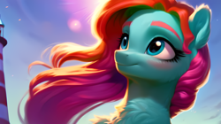 Size: 3648x2048 | Tagged: safe, ai assisted, ai content, artist:felisamafeles, derpibooru exclusive, editor:felisamafeles, generator:pony diffusion v5, generator:purplesmart.ai, generator:stable diffusion, jazz hooves, earth pony, pony, g5, beautiful, blushing, bust, chest fluff, dusk, ear fluff, female, fur, high res, jazz hooves has ears!, lighthouse, loose hair, mare, portrait, red mane, sky, smiling, solo
