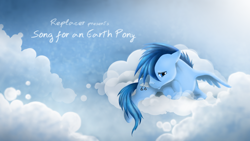 Size: 1920x1080 | Tagged: safe, artist:feather-ponyart, oc, oc only, oc:happy dream, pegasus, pony, artifact, cloud, lying down, lying on a cloud, male, male oc, on a cloud, prone, sad, solo, song cover, stallion