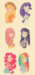 Size: 3496x7428 | Tagged: safe, artist:zzoffer, applejack, fluttershy, pinkie pie, rainbow dash, rarity, twilight sparkle, human, g4, alternate hairstyle, book, female, humanized, light skin, mane six