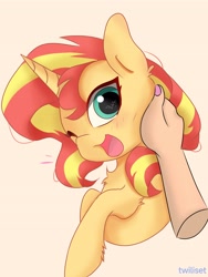 Size: 3072x4096 | Tagged: safe, artist:twiliset, sunset shimmer, human, pony, unicorn, equestria girls 10th anniversary, g4, cute, daaaaaaaaaaaw, female, fluffy, hand, human on pony petting, looking at you, mare, open mouth, petting, shimmerbetes, simple background, solo, touch