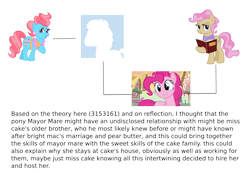 Size: 1754x1240 | Tagged: safe, cup cake, mayor mare, pinkie pie, g4, book, description is relevant, female, gray background, mare, simple background, text, theory