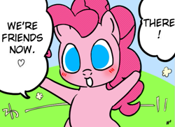 Size: 529x386 | Tagged: safe, artist:n', pinkie pie, earth pony, pony, g4, blushing, colored, cute, dialogue, diapinkes, drawthread, female, heart, looking at you, manga, mare, smiling, solo, talking to viewer