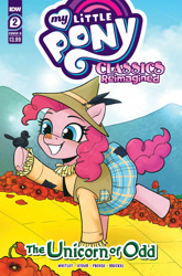 Size: 2063x3131 | Tagged: safe, artist:robin easter, idw, official comic, pinkie pie, bird, crow, earth pony, pony, g4, my little pony classics reimagined: the unicorn of odd, official, spoiler:comic, blackbird, comic cover, cover, cover art, feather, flower, high res, munchkin country, my little pony logo, oz, poppy, scarecrow, the scarecrow, the scarecrow (oz), the unicorn of odd, the wizard of oz, yellow brick road