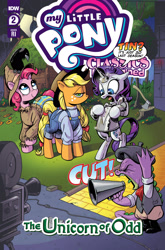 Size: 2063x3131 | Tagged: safe, artist:andypriceart, idw, official comic, applejack, pinkie pie, rarity, spike, bird, crow, dragon, earth pony, pony, unicorn, g4, my little pony classics reimagined: the unicorn of odd, official, spoiler:comic, and then there's rarity, applejack is not amused, applejack's hat, axe, beret, bipedal, camera, clothes, comic cover, cowboy hat, cut, director, dorothy gale, female, freckles, hat, high res, male, mare, marshmelodrama, megaphone, movie, my little pony logo, nick chopper, overalls, rarity being rarity, scarecrow, set, smiling, speech bubble, the scarecrow, the unicorn of odd, the wizard of oz, tin, tin man, tin pony, tin woodsman, tongue out, tree stump, unamused, weapon, yelling, yellow brick road