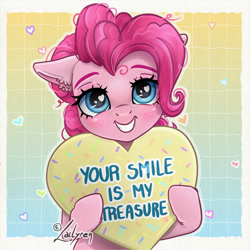Size: 800x800 | Tagged: safe, artist:lailyren, part of a set, pinkie pie, earth pony, pony, g4, blushing, ear fluff, female, heart, heart eyes, heart pillow, looking at you, mare, pillow, smiling, smiling at you, solo, wingding eyes