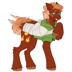 Size: 1000x1000 | Tagged: safe, artist:kazmuun, oc, oc only, oc:golden flare, pegasus, pony, bandage, broken bone, broken wing, cast, clothes, colored hooves, colored wings, concave belly, freckles, hoodie, injured, leg fluff, ponified, short tail, simple background, sling, solo, species swap, tail, unshorn fetlocks, wings