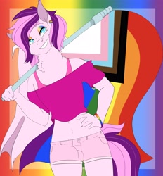 Size: 3738x4022 | Tagged: safe, artist:inisealga, oc, oc only, oc:plum taffy, anthro, abstract background, clothes, commission, gradient background, male, male oc, pride, pride flag, pride month, progressive pride flag, solo, stallion, ych result