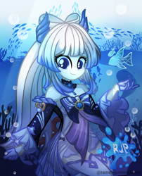 Size: 2015x2490 | Tagged: safe, artist:rjp.rammy, fish, human, equestria girls, g4, bubble, crossover, digital art, equestria girls-ified, female, genshin impact, high res, looking at you, ocean, sangonomiya kokomi (genshin impact), seaweed, smiling, smiling at you, solo, underwater, water