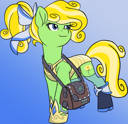 Size: 2869x2772 | Tagged: safe, artist:aresshia, oc, oc only, oc:bouton d'or/ buttercup, earth pony, pony, alchemist, armor, bag, blue eyes, boots, buttercup, clothes, coat markings, cute, dress, elegant, flower, golden armor, golden mane, gradient background, guards, high res, leather bag, ponytail, ribbon, shoes, socks, socks (coat markings), solo