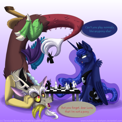 Size: 2100x2100 | Tagged: safe, artist:inuhoshi-to-darkpen, discord, princess luna, alicorn, draconequus, pony, g4, 2013, artifact, chess, duo, female, male, mare, prehensile tail, ship:lunacord, shipping, straight, table, tail, tail hold, upside down