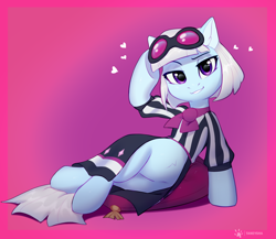 Size: 2780x2410 | Tagged: safe, artist:taneysha, photo finish, earth pony, pony, g4, clothes, draw me like one of your french girls, featureless crotch, female, glasses, heart, high res, looking at you, mare, pillow, pink background, simple background, solo