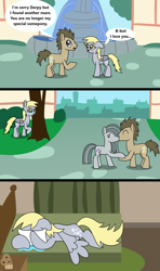 Size: 1920x3240 | Tagged: safe, artist:platinumdrop, derpy hooves, doctor whooves, marble pie, time turner, earth pony, pegasus, pony, g4, alone, bed, bedroom, break up, building, comic, commission, covering face, crying, curtains, despair, dialogue, dumped, ears back, eyes closed, female, floppy ears, folded wings, food, frown, furniture, grass, heartbreak, hiding, hiding face, holding hooves, kissing, lonely, looking at someone, lying down, male, mare, muffin, nightstand, open mouth, pillow, pleading, ponyville, prone, raised hoof, romance, room, sad, sad pony, sobbing, speech bubble, stallion, talking, tears of sadness, teary eyes, town, tree, watching, water, water fountain, wings, wings down