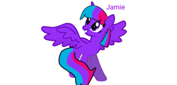 Size: 885x428 | Tagged: safe, oc, oc only, oc:jamie, alicorn, pony, androgynous, androgynous pride flag, multicolored hair, multicolored tail, not twilight sparkle, purple coat, purple eyes, simple background, solo, tail, white background