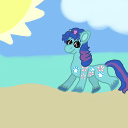 Size: 1000x1000 | Tagged: safe, artist:mintwhistle, seaflower, earth pony, pony, g1, atg 2023, beach, cloud, colored hooves, day, female, headband, mare, medibang paint, newbie artist training grounds, seashell, smiling, solo, summer, sun, sunshine ponies, unshorn fetlocks, walking