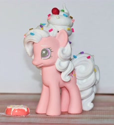 Size: 3502x3826 | Tagged: safe, artist:mistyquest, pinkie pie, oc, oc only, oc:sugar sprinkle, earth pony, pony, candy, colored pupils, cupcake, curly hair, curly mane, curly tail, customized toy, cute, dessert, donut, etsy, eyebrows, female, female oc, food, frosting, girly girl, high res, ice cream, innocent, irl, mare, ooak, open commissions, painted figure, pastel, pastry, photo, pink coat, pink fur, purple eyes, side view, sold, solo, sprinkles, standing, sweets, tail, toy, white hair, white mane, white tail