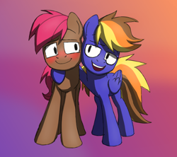 Size: 880x782 | Tagged: safe, artist:solixy406, oc, oc only, oc:amber pie, oc:cloudbreaker, earth pony, pegasus, pony, blushing, duo, duo male, earth pony oc, gradient background, hoof around neck, male, pegasus oc, stallion