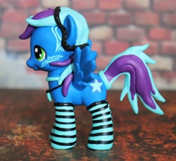 Size: 4052x3698 | Tagged: safe, artist:mistyquest, fluttershy, oc, oc only, oc:shadow glare, pegasus, pony, beanie, blue coat, blue fur, blue hair, blue mane, blue tail, clothes, commission, customized toy, figure, glowstick, green eyes, hat, irl, jewelry, kneesocks, male, male oc, multicolored hair, multicolored mane, multicolored tail, necklace, open commissions, photo, ponytail, purple hair, purple mane, purple tail, side view, smiling, socks, solo, spread wings, stallion, standing, stars, striped socks, tail, tattoo, thigh highs, thigh socks, toy, wings