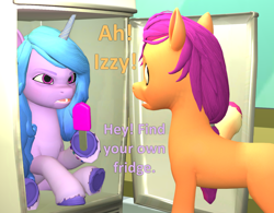 Size: 1384x1080 | Tagged: safe, artist:red4567, izzy moonbow, sunny starscout, earth pony, pony, unicorn, g5, 3d, atg 2023, coat markings, dialogue, duo, female, food, hoof heart, hoof hold, izzy moonbow is not amused, magnetic hooves, mare, newbie artist training grounds, popsicle, refrigerator, socks (coat markings), source filmmaker, unamused, underhoof, unshorn fetlocks, upside-down hoof heart