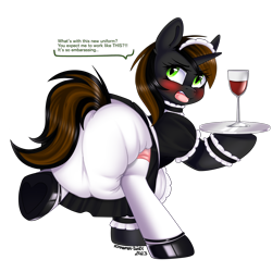Size: 1500x1500 | Tagged: safe, artist:xcinnamon-twistx, oc, oc:catrina mewale, cat, cat pony, original species, pony, unicorn, angry, apron, blushing, clothes, collar, cuffs, dialogue, dialogue box, diaper, diaper fetish, fangs, fetish, maid, maid headdress, non-baby in diaper, poofy diaper, shoes, simple background, socks, stockings, text, thigh highs, transparent background, tsundere