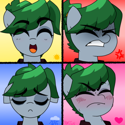 Size: 1600x1600 | Tagged: safe, artist:yamston, oc, oc only, oc:odia bleak, earth pony, pony, fanfic:living the dream, 2023, angry, blushing, expressions, eyes closed, fanfic art, female, frown, green mane, hair bun, happy, magical lesbian spawn, mare, offspring, parent:oc:babel yarn, parent:oc:roxxy bleak, sad, smiling, solo, sweat