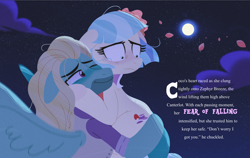 Size: 7113x4500 | Tagged: safe, artist:bearmation, coco pommel, zephyr breeze, earth pony, pegasus, pony, g4, absurd file size, absurd resolution, carrying, cocobreeze, crack shipping, duo, female, floppy ears, flower petals, flying, full moon, holding a pony, looking down, loose hair, male, mare, moon, nervous, night, one eye closed, shipping, stallion, story included, straight, text, wavy mouth