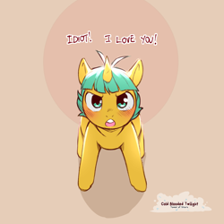 Size: 1200x1200 | Tagged: safe, artist:cold-blooded-twilight, snails, g4, angry, blushing, colt, confession, cute, dialogue, diasnails, foal, frown, i love you, looking at you, looking up, looking up at you, madorable, male, open mouth, signature, solo, talking to viewer, tsunails, tsundere