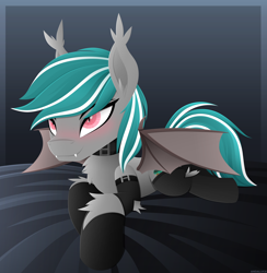 Size: 3250x3327 | Tagged: safe, artist:andaluce, oc, oc only, oc:malachite cluster, bat pony, pony, bedroom eyes, blushing, chest fluff, clothes, collar, cute, ear fluff, fangs, fluffy, gradient background, high res, hockless socks, lineless, looking up, male, male oc, partially open wings, socks, solo, stallion, wings