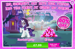 Size: 1961x1296 | Tagged: safe, gameloft, idw, rarity, pony, unicorn, g4, my little pony: magic princess, advertisement, cloak, clothes, costs real money, doctor doomity, english, female, gem, horn, idw showified, introduction card, mare, mask, mobile game, numbers, sale, solo, text