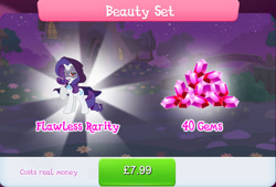 Size: 1270x856 | Tagged: safe, gameloft, idw, rarity, pony, unicorn, g4, my little pony: magic princess, bundle, cloak, clothes, costs real money, doctor doomity, english, female, gem, horn, idw showified, mare, mask, mobile game, numbers, sale, solo, text