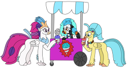 Size: 3164x1709 | Tagged: safe, artist:supahdonarudo, princess skystar, queen novo, oc, oc:icebeak, classical hippogriff, hippogriff, g4, my little pony: the movie, atg 2023, concerned, fan, fanning, female, food, holding, hot, jewelry, mother and child, mother and daughter, necklace, newbie artist training grounds, simple background, snow cone, sweat, tongue out, transparent background, trio