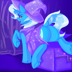 Size: 2000x2000 | Tagged: safe, alternate version, artist:dankpegasista, derpibooru exclusive, trixie, pony, unicorn, g4, angle, blue coat, butt, cape, chest, clothes, colored eyelashes, colored lineart, colored pupils, curtains, cute, detailed background, diatrixes, digital art, dock, eyebrows, eyelashes, female, frog (hoof), full body, gem, gradient background, hat, heart, heart eyes, high res, highlights, hoof fluff, krita, leaning back, long eyelashes, looking at you, looking back, looking back at you, mare, open mouth, plot, presenting, presenting butt, raised hoof, shading, shiny mane, shiny skin, smiling, smiling at you, soft shading, solo, stars, tail, tail aside, teeth, the great and powerful ass, trixie's cape, trixie's hat, underhoof, wall of tags, wingding eyes