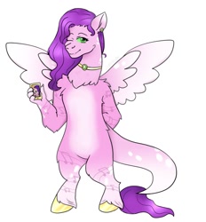 Size: 1114x1200 | Tagged: safe, artist:blossomsweetss, pipp petals, draconequus, g5, cellphone, draconequified, ear piercing, earring, female, jewelry, necklace, phone, piercing, simple background, smartphone, solo, species swap, spread wings, white background, wings