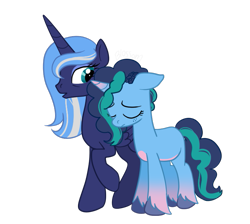 Size: 705x633 | Tagged: safe, artist:blossomsweetss, misty brightdawn, princess luna, alicorn, pony, unicorn, g4, g5, coat markings, duo, duo female, eyes closed, female, freckles, frown, gradient hooves, height difference, mare, older, older princess luna, pale belly, raised hoof, sad, simple background, socks (coat markings), transparent background, unshorn fetlocks