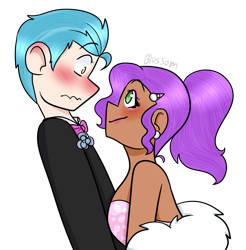 Size: 817x829 | Tagged: safe, artist:blossomsweetss, hitch trailblazer, pipp petals, human, g5, bare shoulders, blushing, clothes, dress, ear blush, female, height difference, humanized, light skin, looking at each other, looking at someone, male, moderate dark skin, ship:pitch, shipping, shy, simple background, smiling, straight, transparent background, tuxedo