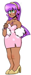 Size: 410x991 | Tagged: safe, artist:blossomsweetss, pipp petals, human, g5, bare shoulders, clothes, dress, eye clipping through hair, eyebrows, eyebrows visible through hair, female, high heels, humanized, jewelry, moderate dark skin, necklace, redesign, shoes, simple background, smiling, solo, white background