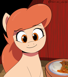 Size: 1394x1569 | Tagged: safe, artist:glim_gg, oc, oc only, oc:angie, pony, cute, food, looking at you, meat, ocbetes, smiling, solo