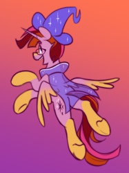 Size: 1280x1707 | Tagged: safe, artist:msponies, alicorn, pony, g4, coat markings, colored wings, fusion, fusion:sunburst, fusion:twilight sparkle, glasses, gradient background, gradient wings, hat, socks (coat markings), solo, wings, wizard hat, wizard robe