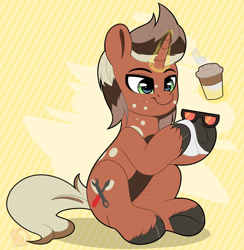 Size: 1620x1662 | Tagged: safe, artist:joaothejohn, oc, oc only, oc:macchiato, pony, unicorn, cleaning, coffee, commission, horn, magic, male, male oc, simple background, sitting, solo, sunglasses, unicorn oc