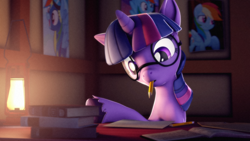 Size: 3840x2160 | Tagged: safe, artist:psfmer, rainbow dash, twilight sparkle, pegasus, pony, unicorn, g4, 3d, book, dear princess celestia, female, glasses, high res, implied lesbian, implied shipping, implied twidash, mare, mouth hold, pencil, picture, revamped ponies, round glasses, solo, source filmmaker, unicorn twilight, unshorn fetlocks