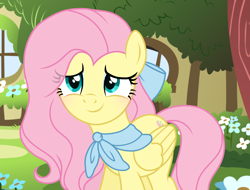 Size: 1422x1080 | Tagged: safe, artist:cstrawberrymilk, fluttershy, pegasus, pony, g4, alternate hairstyle, bow, female, fluttershy's cottage, folded wings, hair bow, looking up, mare, outdoors, screencap background, shawl, smiling, solo, standing, wings