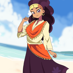 Size: 3250x3250 | Tagged: safe, artist:studiodraw, saffron masala, human, equestria girls 10th anniversary, equestria girls, g4, anime, anime style, beach, clothes, cloud, dress, ear piercing, earring, equestria girls-ified, female, high res, jewelry, looking at you, piercing, solo