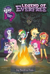 Size: 1686x2475 | Tagged: safe, applejack, fluttershy, gaea everfree, pinkie pie, rainbow dash, rarity, sci-twi, sunset shimmer, twilight sparkle, human, equestria girls, g4, my little pony equestria girls: legend of everfree, official, book cover, boots, camp everfree outfits, campfire, clothes, cover, cowboy hat, denim, denim skirt, equestria girls logo, everfree forest, female, fire, flashlight (object), food, frown, hat, humane five, humane seven, humane six, jeans, legend of everfree (book), marshmallow, pants, perdita finn, poster, real gaea everfree, scared, shoes, shorts, skirt, smiling, sneakers, socks, spoiler, stetson
